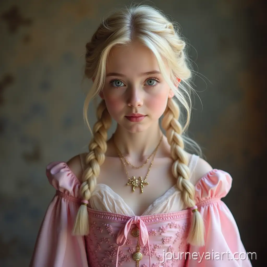 Blonde-Asian-Princess-inBlonde-Asian-Princess-Portrait-Pink-Dress-in-Medieval-Setting