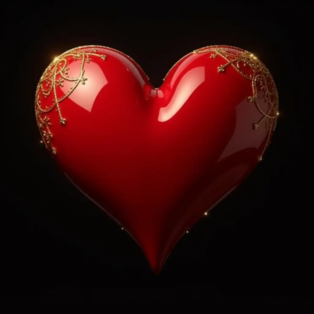 Shiney Red 3d heart shape with gold fine art work on the inner edges. Dark background