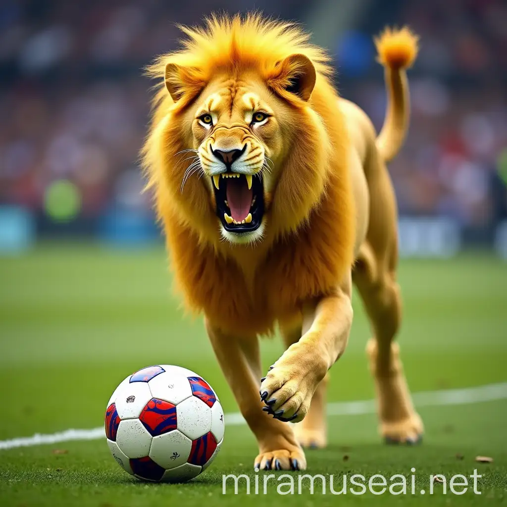 Roaring Yellow Lion on Soccer Field with Red and Blue Soccer Ball