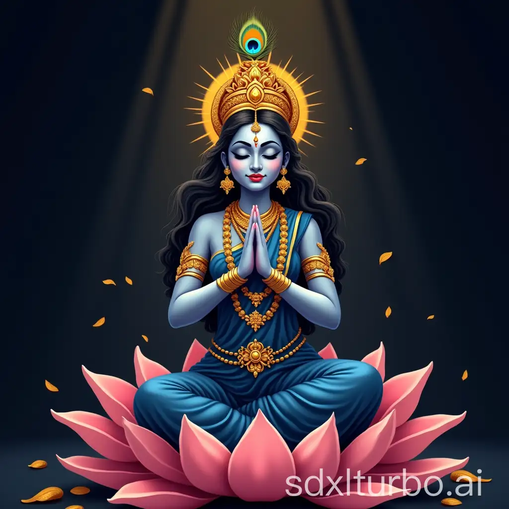 The image is a digital illustration of the Hindu goddess Kali, also known as Lord Krishna. She is depicted in a traditional Indian attire, with a blue saree and gold jewelry. Kali is sitting on a lotus flower, with her eyes closed and her hands clasped together in a prayer-like gesture. Her head is adorned with a gold crown and a peacock feather headpiece. The background is dark, with gold accents and leaves scattered around. The overall mood of the image is peaceful and serene.