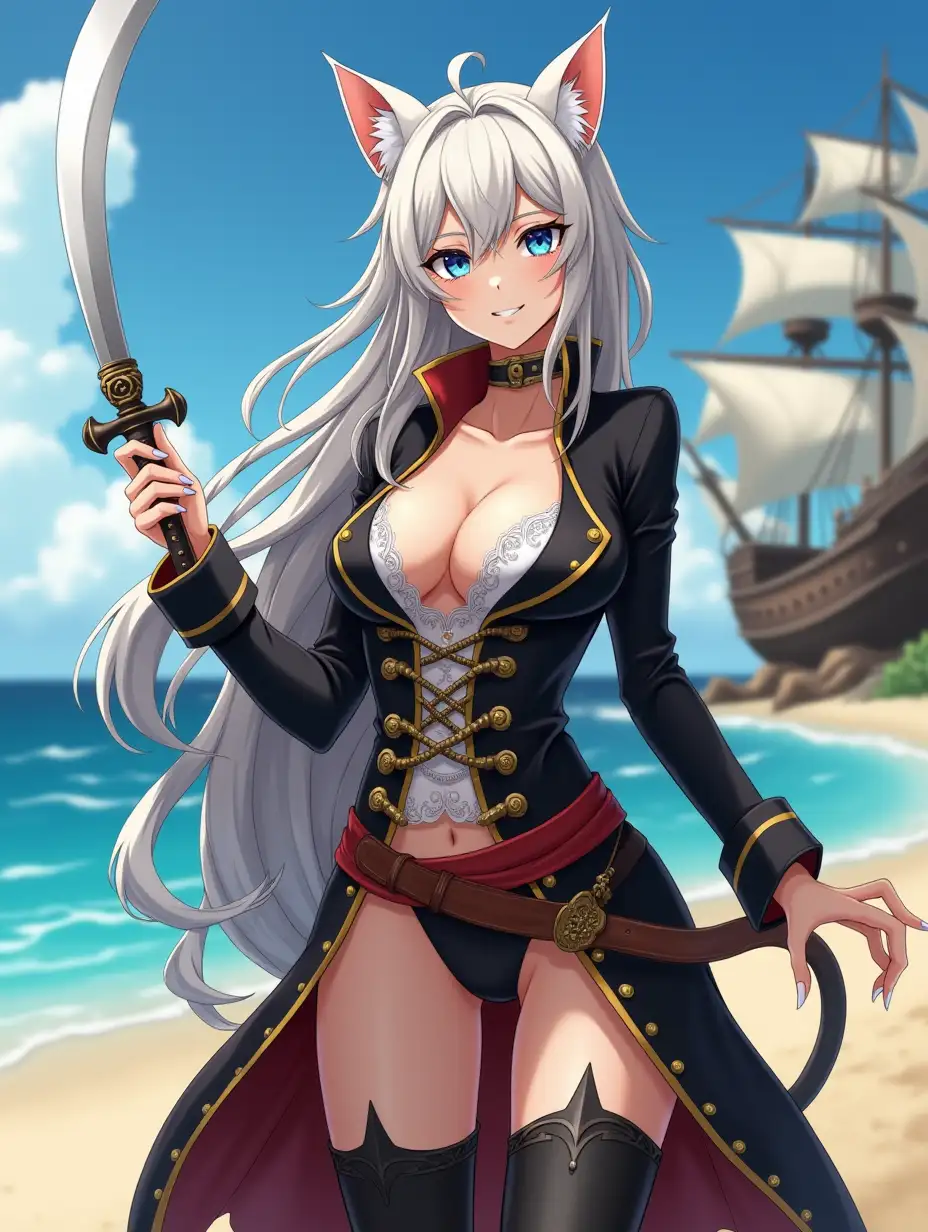 A mature adult feline/woman dressed as a pirate with a sword on a beach.  A pirate ship in the background. Her 30-something years are disguised by her youthful facial features, except for her subtle wrinkles around the eyes, extremely slender body. Her ample bosom strains against her clothing, threatening to burst free from the fabric, extreme cleavage.  Wearing black thigh high pirate boots. She has piercing blue cat eyes. A choker adorns her neck, a subtle hint at her feline nature. Her long, white hair cascades down her back like a wild waterfall, tangled and disheveled. Her cat-like teeth glint in the light, as her white fur-lined ears punctuate her visage with sparkling black and gold earring adorns each ear, adding a touch of elegance to her feline features. Cat whiskers on her face. The attached tail at the base of her spine stirs lazily.  Long fingernails. Full body view. Anime.