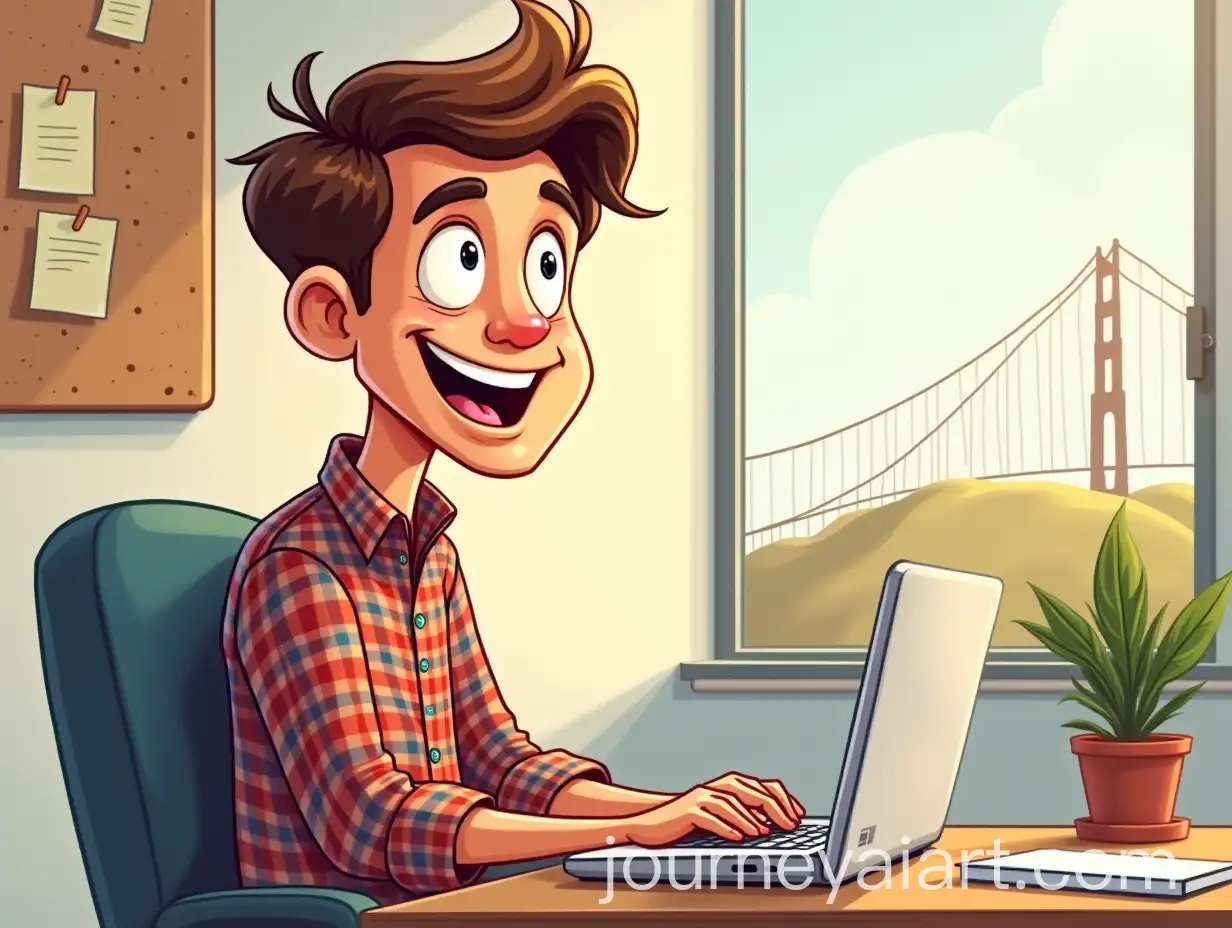 Smiling-Man-Working-on-Laptop-at-Desk-with-Sunny-Outdoor-View