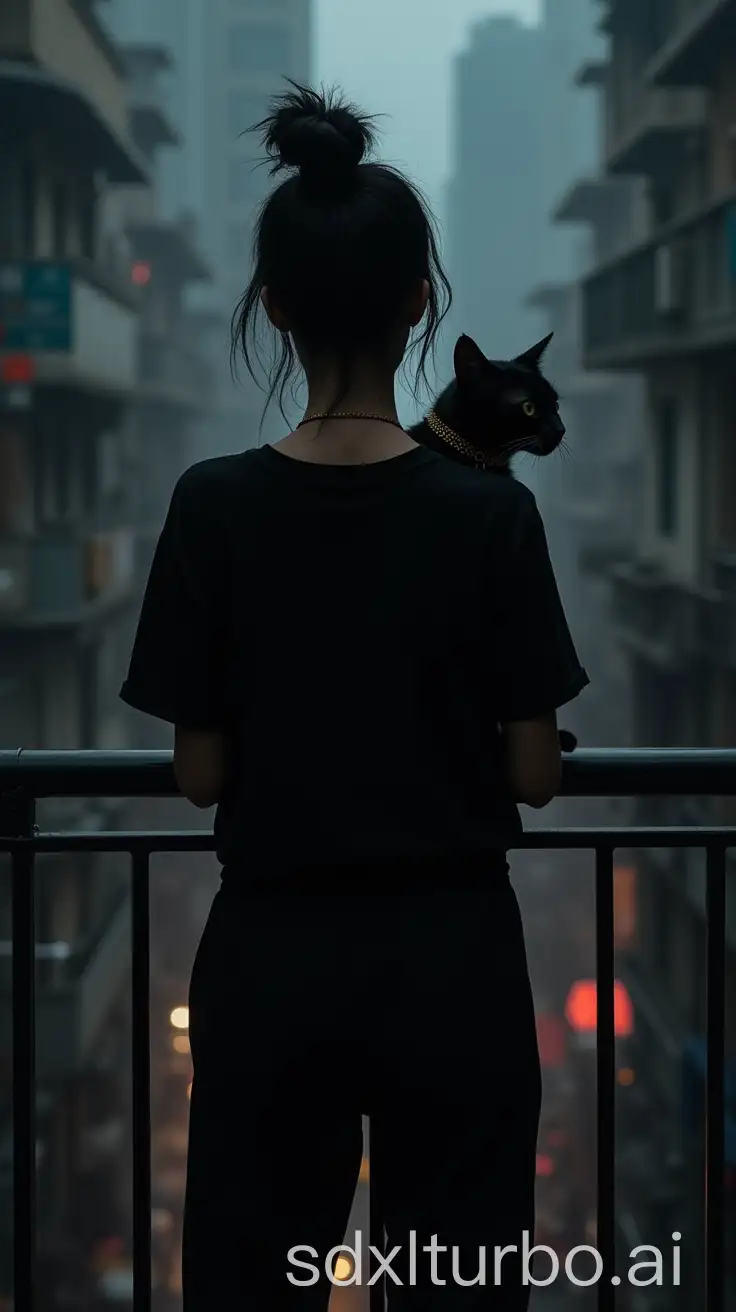 Photorealistic photograph, shadowy black silhouette of Caucasian hacker girl from the back. hair in a messy bun, wearing a black cotton outfit, with joggers and a minimalist, functional style. Posed casually on a balcony looking forward into a cyberpunk futuristic city, fitting into the cyberpunk aesthetic. The background is a low light, dark, grungy, cramped environment, at night, resembling what a cramped street might look like in Kowloon City. The atmosphere is shadowy, emphasizing the dystopian, claustrophobic vibe, holding a stoic black cat with a golden collar