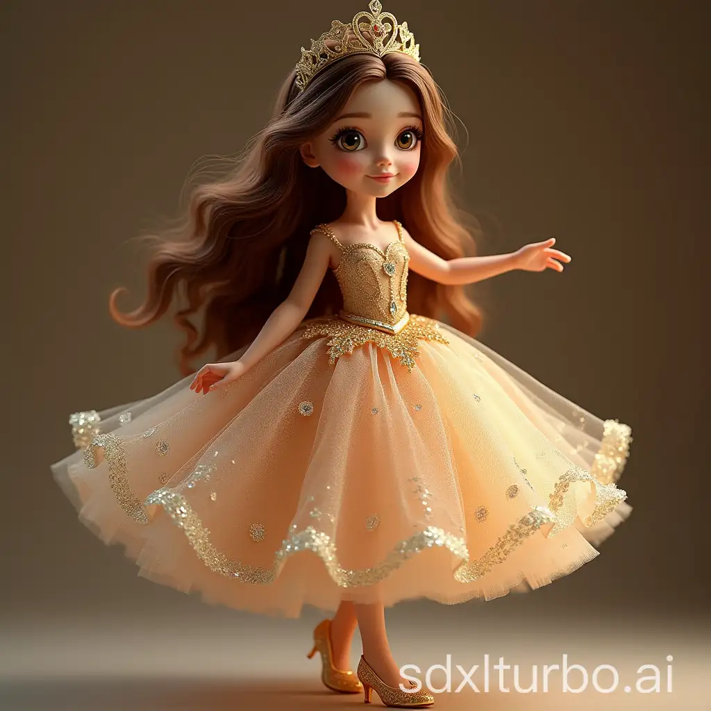 a dancing beautiful real  brown hair princess with  gorgeous and jewelry female gold crown on her head and Luxury Sparkly tulle Ball gown With Jewel on dress skirt and jewelry shoes, ultra realistic, beautiful detail and color.