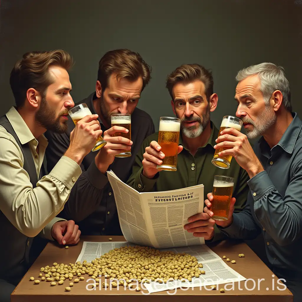 Four men are drinking beer with pistachios. One is reading something to the others from a newspaper