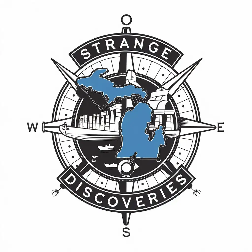 LOGO Design for Strange Discoveries Lake Michigan Stonehenge Ships and Navigation Theme