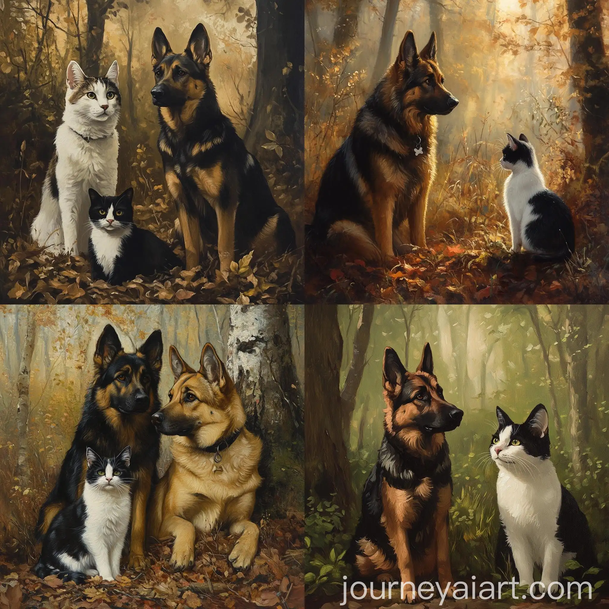 German-Shepherd-and-Black-and-White-Cat-in-Forest-Painting