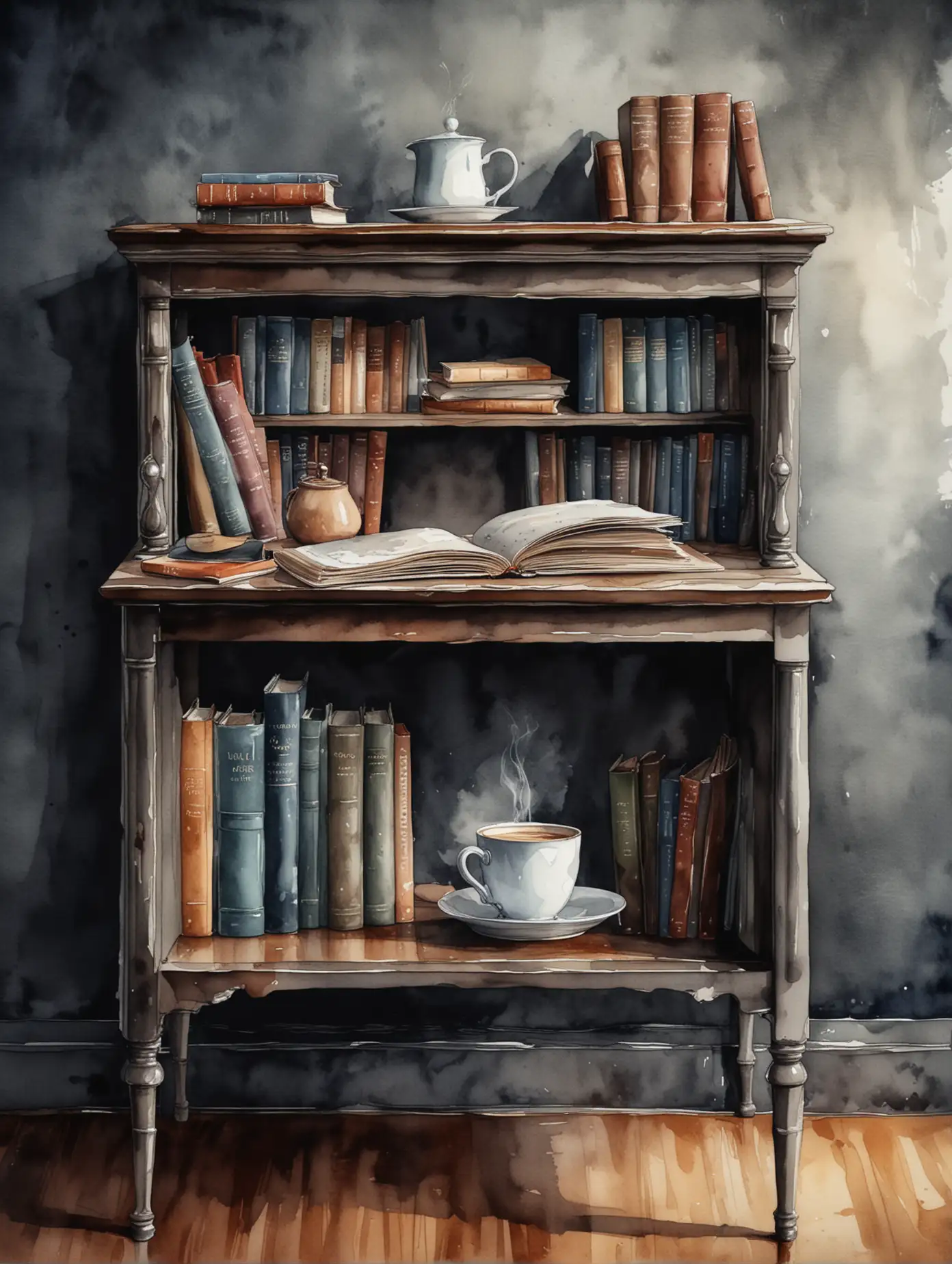 Coffee-Cup-on-Table-with-Books-and-Dark-Background-in-Watercolor