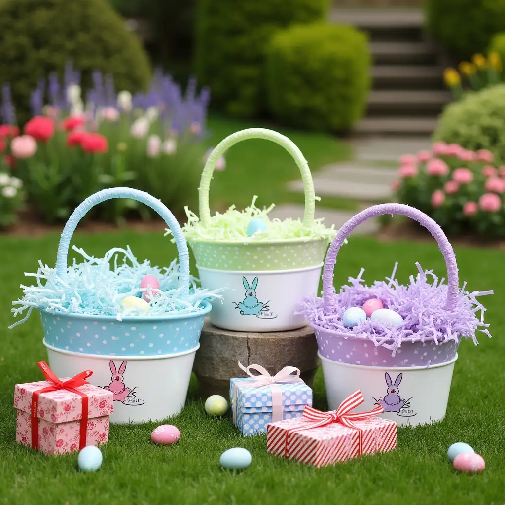 Three Easter baskets are placed on a grassy patch in a garden. The basket on the left features a white base with blue polka - dots on the upper part, filled with light - blue shredded paper and colorful Easter eggs in shades of blue, pink, and green. The middle basket has a white base with green polka - dots on top, containing green shredded paper and various Easter eggs. The basket on the right has a white base with purple polka - dots, filled with purple shredded paper and eggs. Each basket has a handle and is decorated with a bunny - shaped embroidery and names 'Daisy', 'Ella', and 'Lily' written in cursive.nNearby, there are several gift - boxes of different sizes and colors. One is a large rectangular box wrapped in a red and white striped paper with a big bow on top. Another is a small square box covered in a pink floral - printed paper. There's also a medium - sized box with a blue and white checkered pattern. The garden in the background is lush with green foliage, blooming flowers of various colors, and a stone pathway winding through it, creating a serene and festive atmosphere.