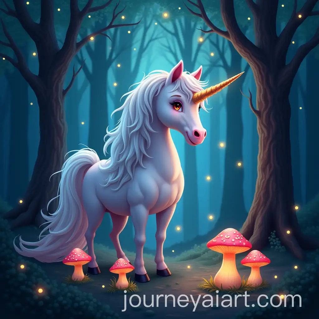 Magical-Unicorn-with-Shiny-Horn-Surrounded-by-Enchanted-Forest-and-Glowing-Mushrooms
