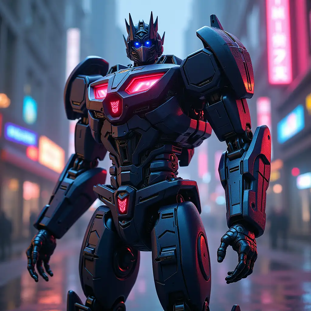 A highly detailed 3D animation of a Decepticon robot inspired by Soundwave from Transformers. The robot stands tall, featuring a sleek dark metallic body with glowing red and blue accents. Its chest resembles a sound system with speaker-like details and intricate mechanical components. The head has a visor and a faceplate, giving it a stoic, intimidating presence.nnThe scene begins with Soundwave in his robot form, standing in a futuristic, dimly lit urban environment with neon lights reflecting off his metallic surface. With a smooth and precise series of mechanical movements, his limbs begin shifting and folding with intricate mechanical sounds. Panels slide and twist, gears interlock, and his chest opens up to reveal a transforming cassette minion.nnAs the transformation progresses, his arms retract and reposition, his legs fold into the sides, and his entire form compresses seamlessly into a futuristic, high-tech vehicle (or classic cassette player, depending on the desired transformation style). The transformation is fluid, with a combination of subtle light pulses and mechanical whirring, emphasizing the complexity of the process.nnOnce fully transformed, Soundwave's vehicle mode features sleek aerodynamic contours, glowing Decepticon insignia, and a detailed dashboard with holographic displays. The scene ends with a dramatic zoom-out, showcasing the final transformed state with pulsating neon lights and a cyberpunk city skyline in the background.