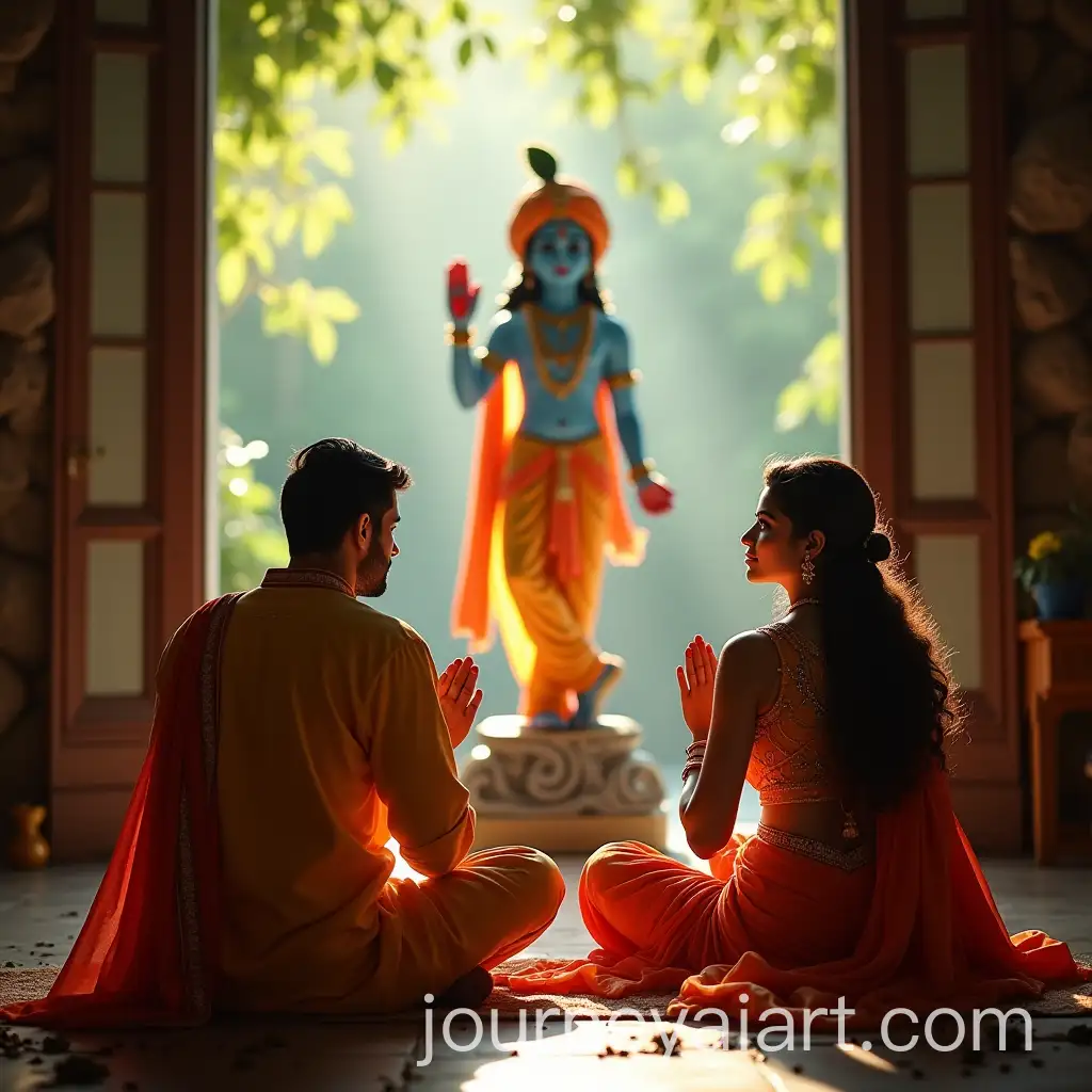Couple-Praying-Together-in-Traditional-Indian-Attire-Before-Lord-Krishna-Statue