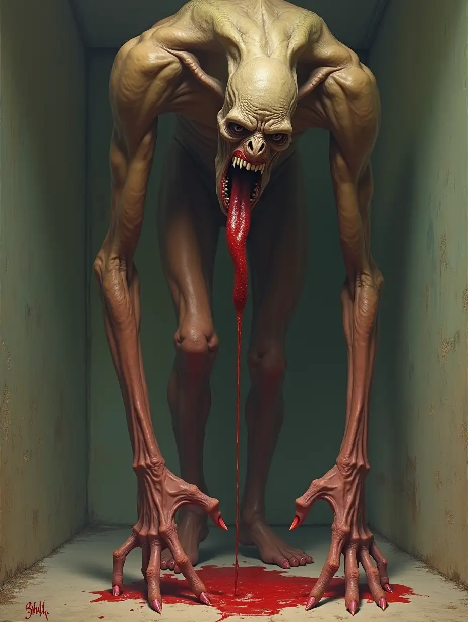 Boris Vallejo and Julia Bell,Tall, over two meters, very thin. Disproportionately long arms ending in sharp claws. Intelligence shone in the creature's eyes. He knew exactly who I was, and he really wanted my blood. A long tongue periodically slipped out of his mouth and ran over his needle-sharp teeth. And then the ghoul opened its mouth so that its head even tilted back slightly, showing a row of teeth, and roared in a way that could not be described.