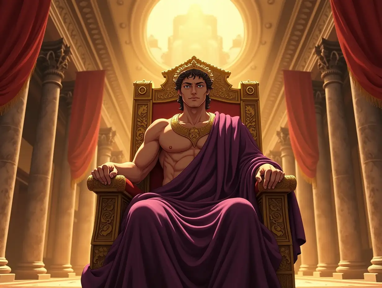 A grand palace hall in ancient Rome, bathed in golden light. Marcus Aurelius sits on a massive, ornately decorated throne, his expression calm yet commanding. His golden laurel wreath and rich purple toga flow with subtle movement. Large Roman banners hang from towering marble columns, swaying gently. Soft particles of dust float in the sunlight, adding a cinematic, almost ethereal quality. His sharp anime-styled features, intense eyes, and the detailed shading on his face emphasize his wisdom and power.