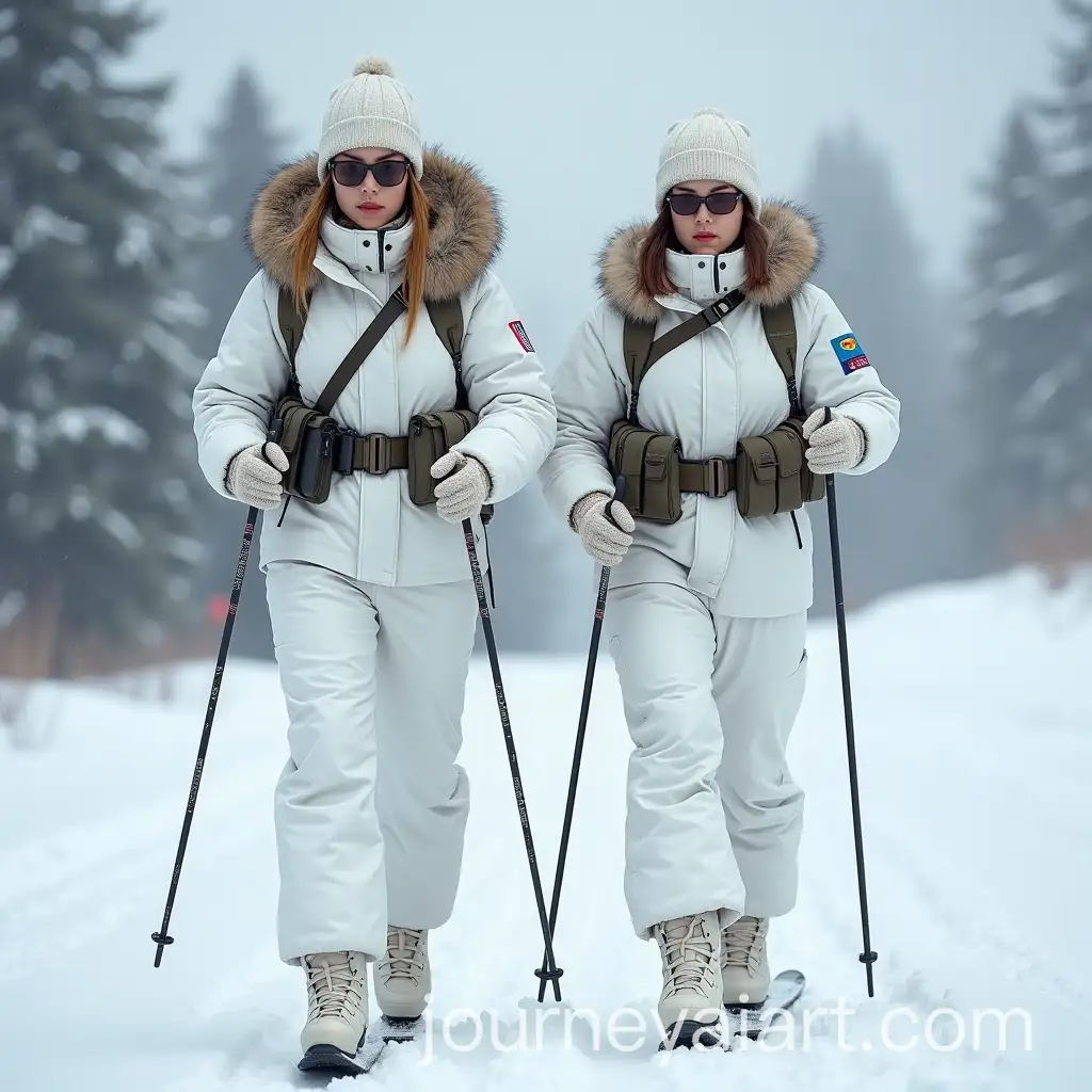 Two-Female-Russian-Military-Officers-Skiing-in-Winter-Mountains-with-Assault-Rifles-and-Sniper-Rifles