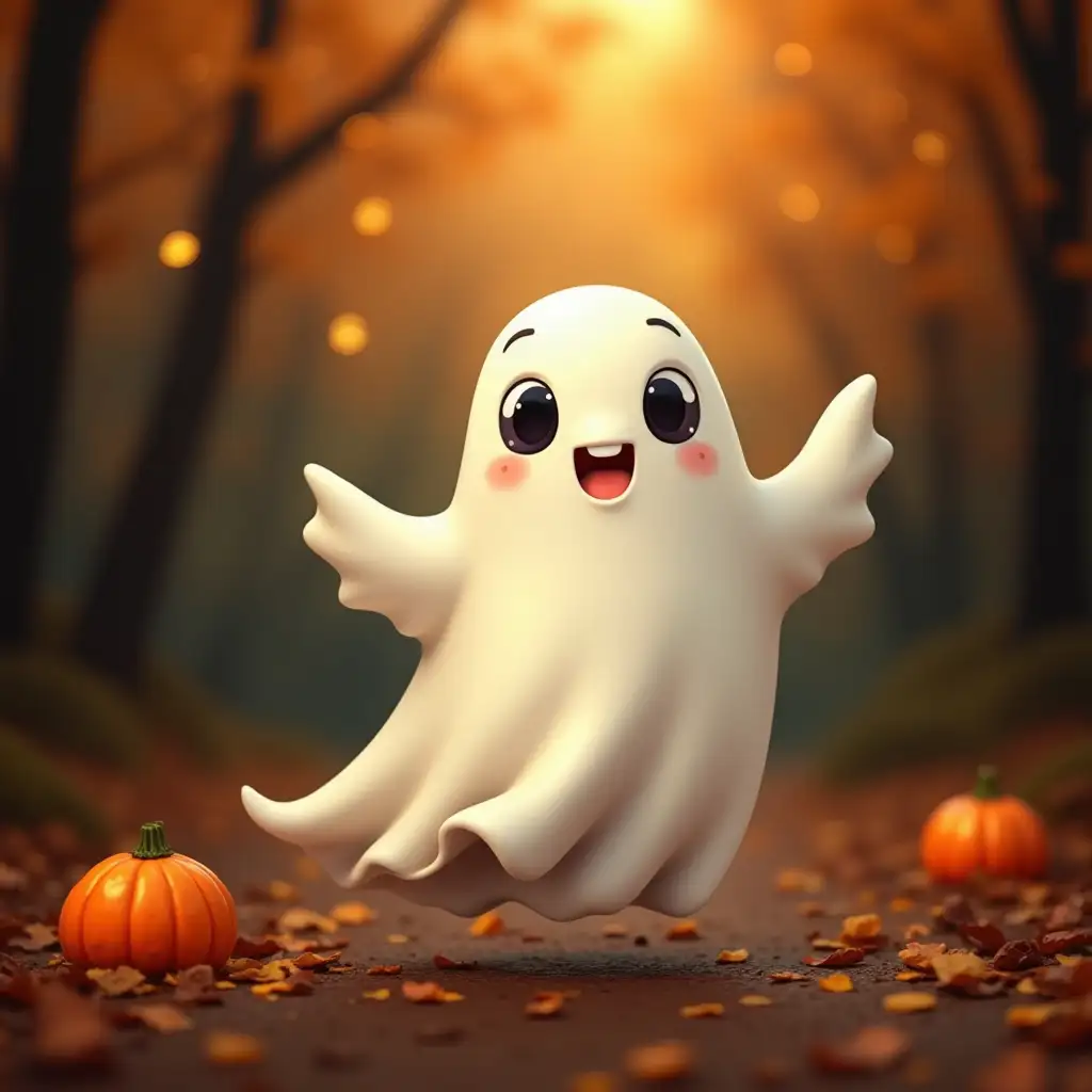 Friendly Ghost in a Whimsical Autumn Landscape