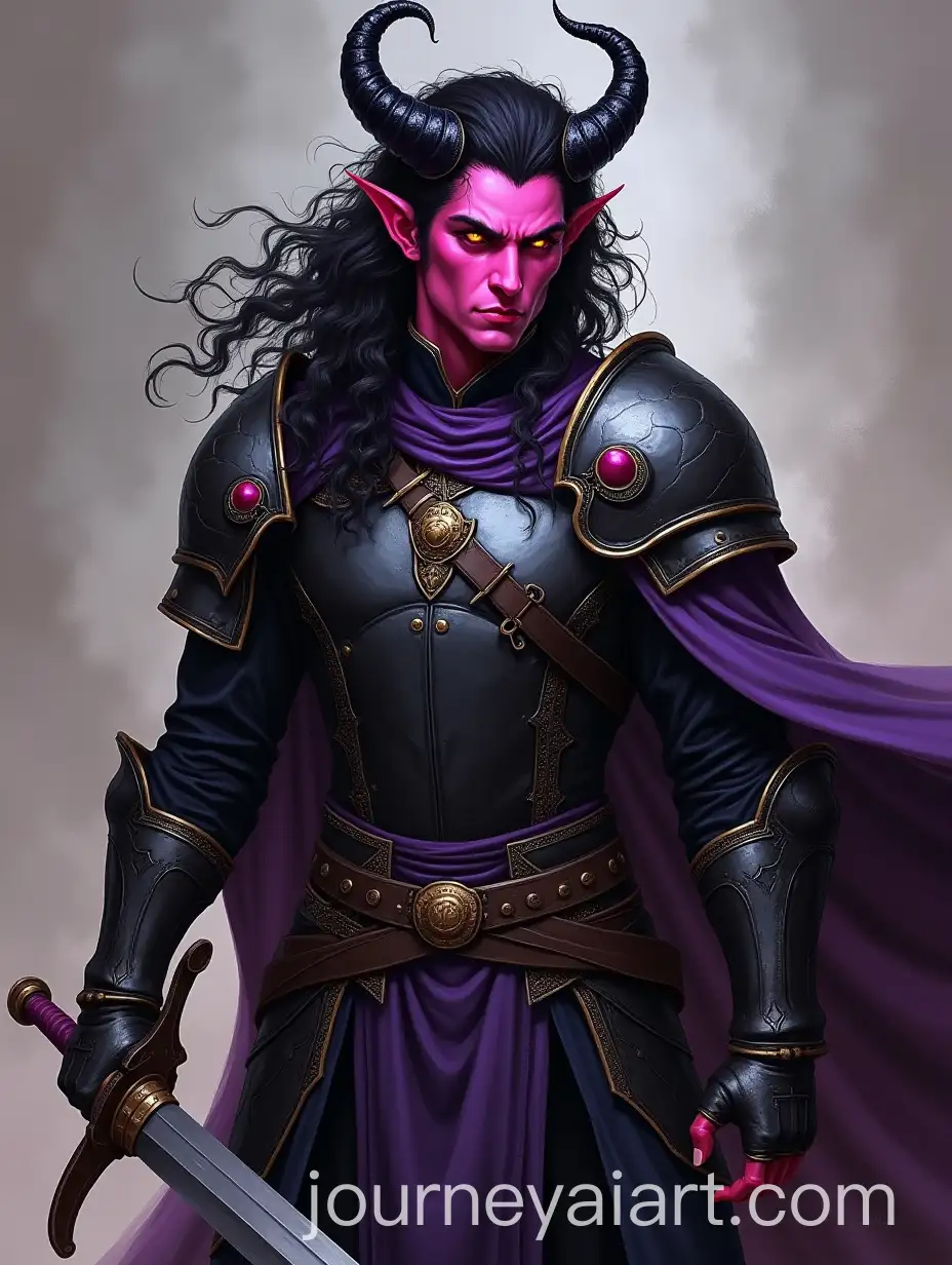 Male-Tiefling-Warrior-with-Pink-Skin-and-Black-Curly-Hair-in-Leather-Armor