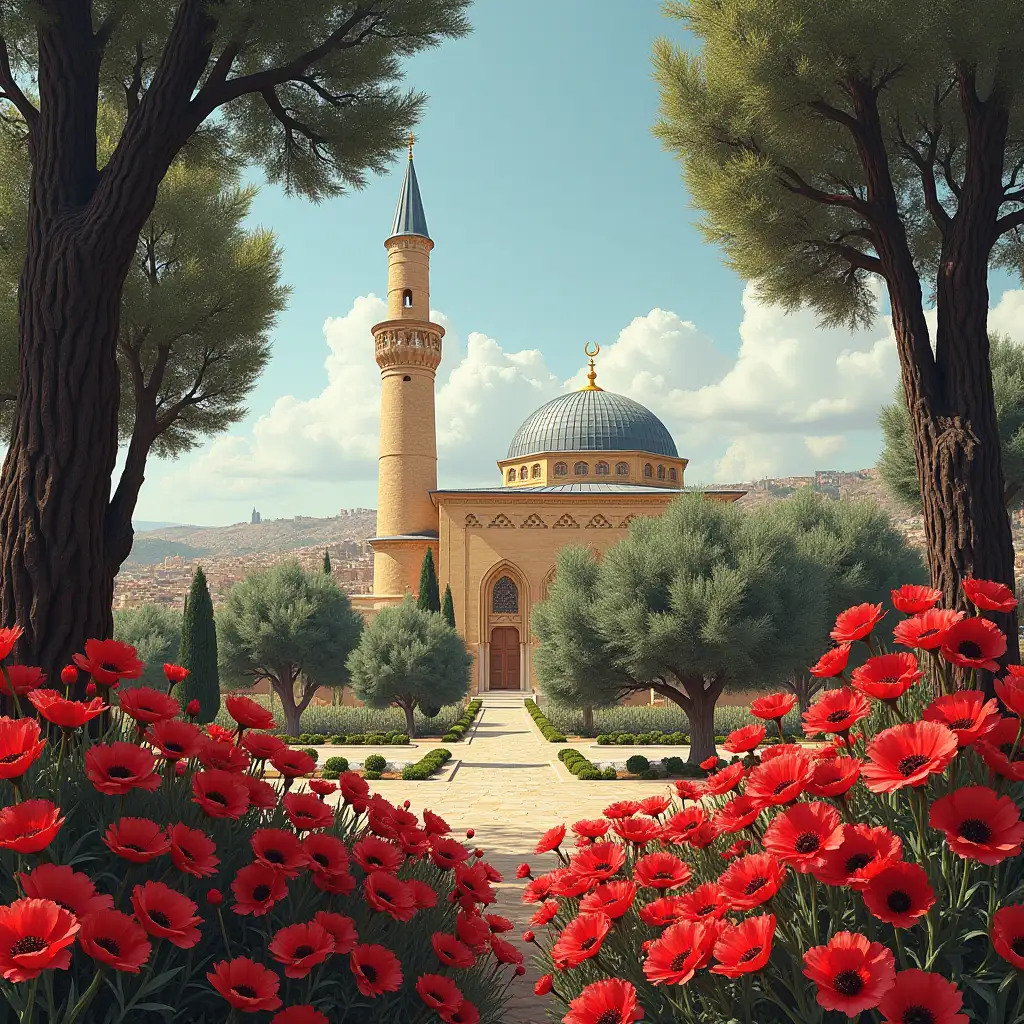 Center and magnify the view on the Beit Al-Moqadas Mosque. Rendered in the collage style of Derek Gores, with ultra-high definition clarity akin to Sparth’s work. Surrounded by dark olive trees and vibrant red anemone blossoms, the scene exudes an air of