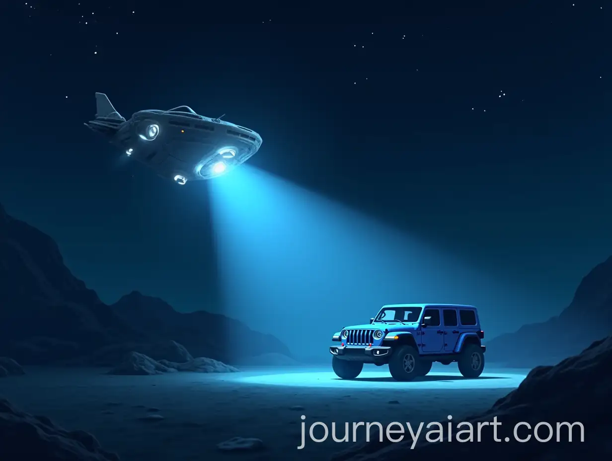 Futuristic-Spaceship-and-Jeep-Under-Spotlight-on-Dark-Road