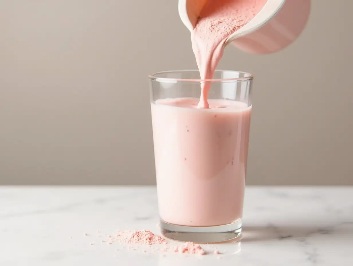 Pouring-Collagen-Protein-Pink-Powder-into-a-Glass