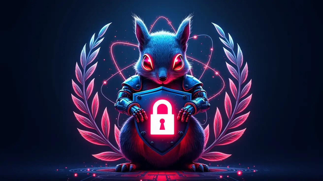 A futuristic digital emblem featuring a highly cybernetic squirrel with metallic armor plating and glowing red robotic eyes, gripping a high-tech shield with a glowing padlock symbol, surrounded by vibrant neon laurel leaves, with a large, prominent atom structure behind it, featuring multiple glowing electron orbits and particles, intricate tech circuitry patterns integrated into the background, intense blue and red neon color scheme, highly detailed, digital illustration