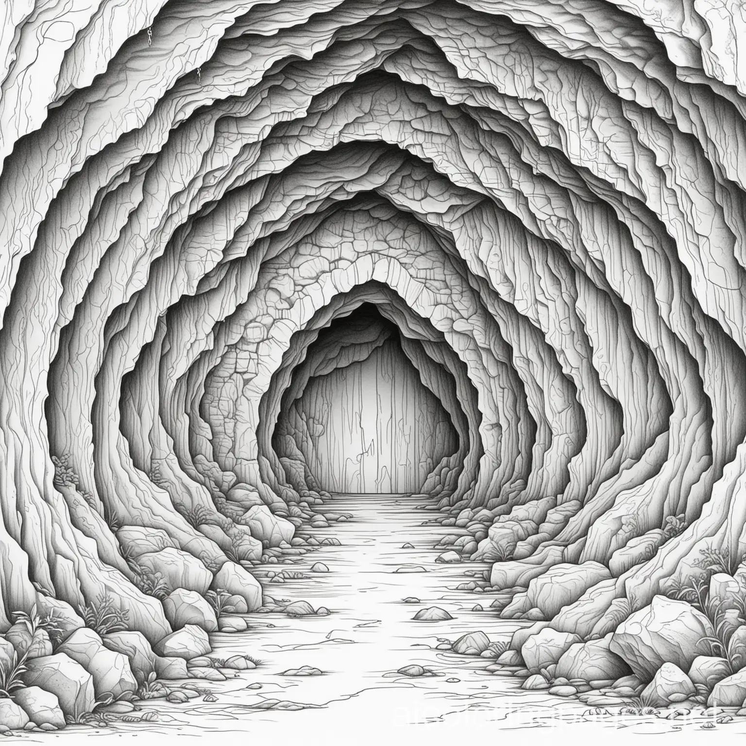 medieval cave, Coloring Page, black and white, line art, white background, Simplicity, Ample White Space. The background of the coloring page is plain white to make it easy for young children to color within the lines. The outlines of all the subjects are easy to distinguish, making it simple for kids to color without too much difficulty