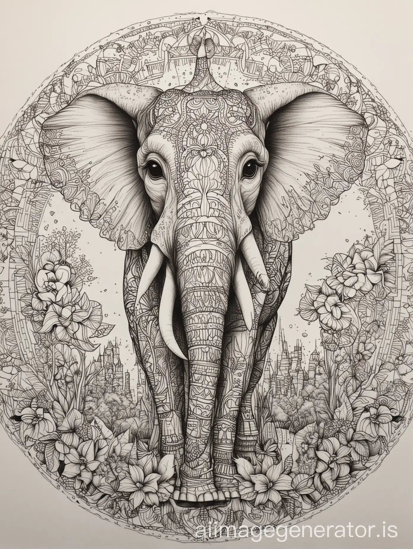 coloring page for adult, mandala, giraffeelephant, fine line art, -ar 2:3