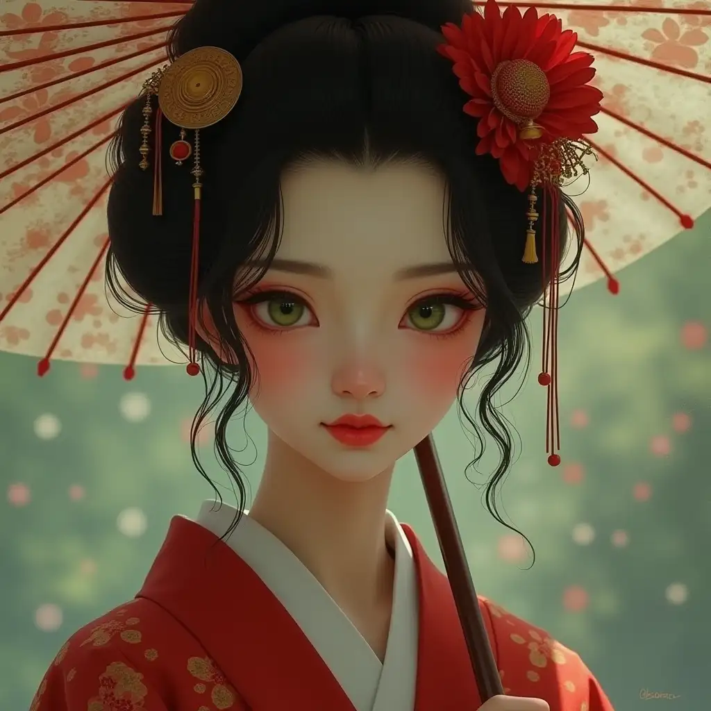 a very beautiful Asian geisha with green eyes, black hair, and a smooth complexion and facial features, 8k resolution, very stunning imagery and lighting, oil paint, grainy, concept art, she is holding an umbrella