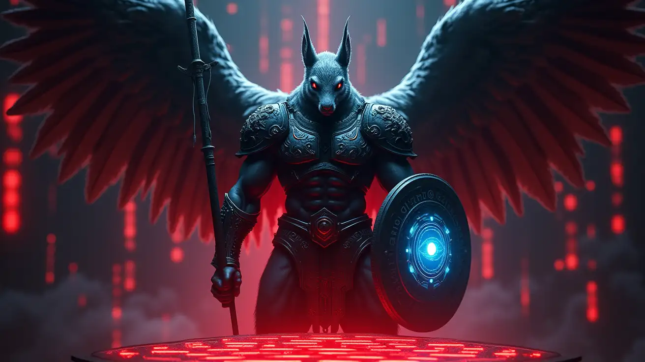 Dark, cyberpunk-inspired scene with glowing red and blue light. A majestic, muscular male angel with distinctly squirrel-like features stands at the center: short fur over his face, large forward-tilted eyes, tall rounded ears, and a thick bushy tail arcing behind him. He wears ornate celestial armor etched with cryptographic runes, and large glowing wings extend from his back. In one hand he holds a long divine spear, in the other a shield engraved with an eye-inside-hexagon emblem. He looks down with stern vigilance through a glowing hexagonal tessellated grid below. Background features digital code, shadows, and tech patterns — symbolizing divine protection in cyberspace.