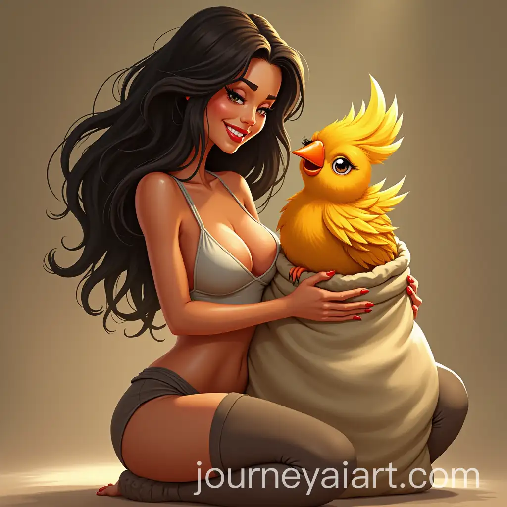 Seductive-Woman-Holding-Golden-Feathers-Bird-in-Fabric-Bag