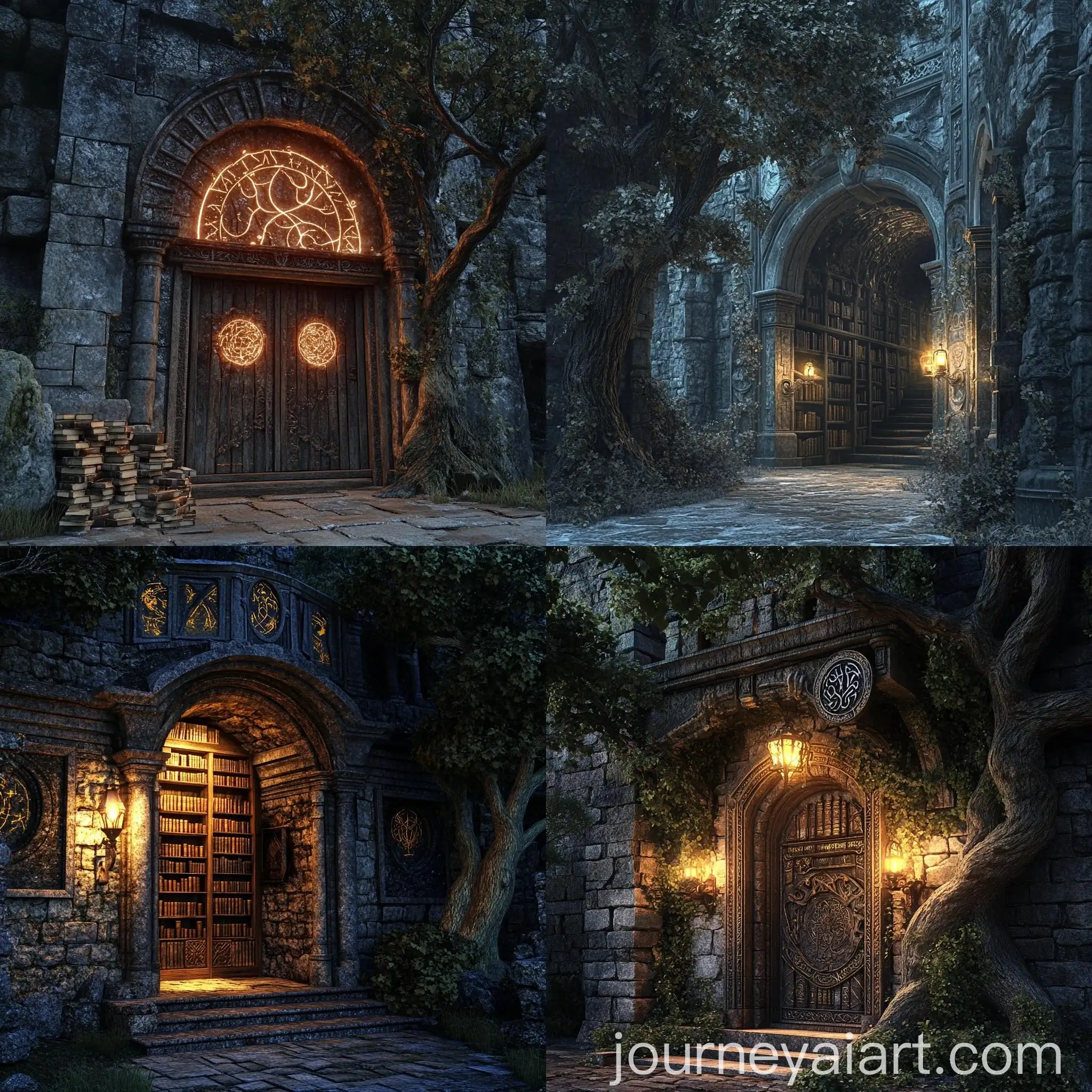 Enchanted-Magic-Library-with-Glowing-Runes-and-Ancient-Oak-Door