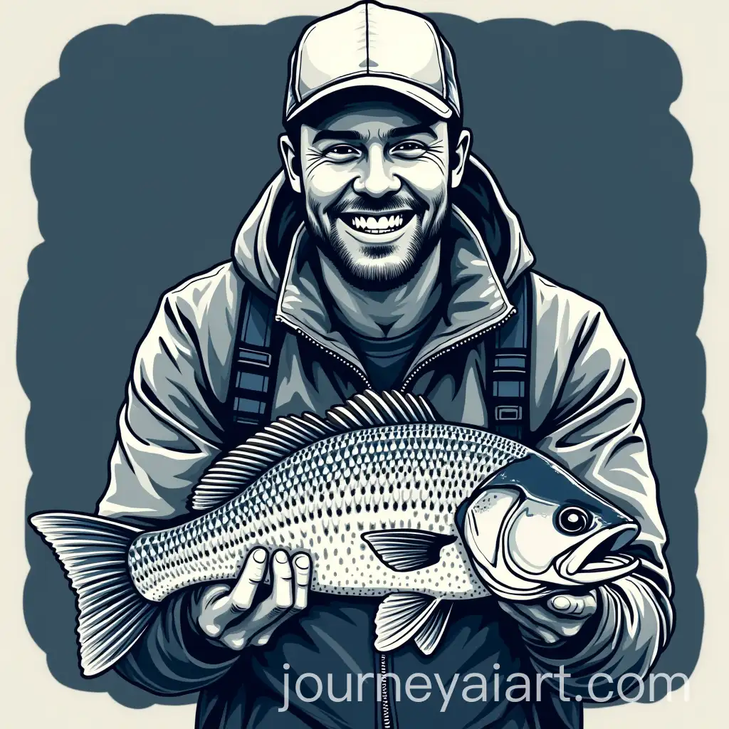 Smiling-Male-Fisherman-Holding-Freshwater-Fish-Logo-in-Halftone-Style