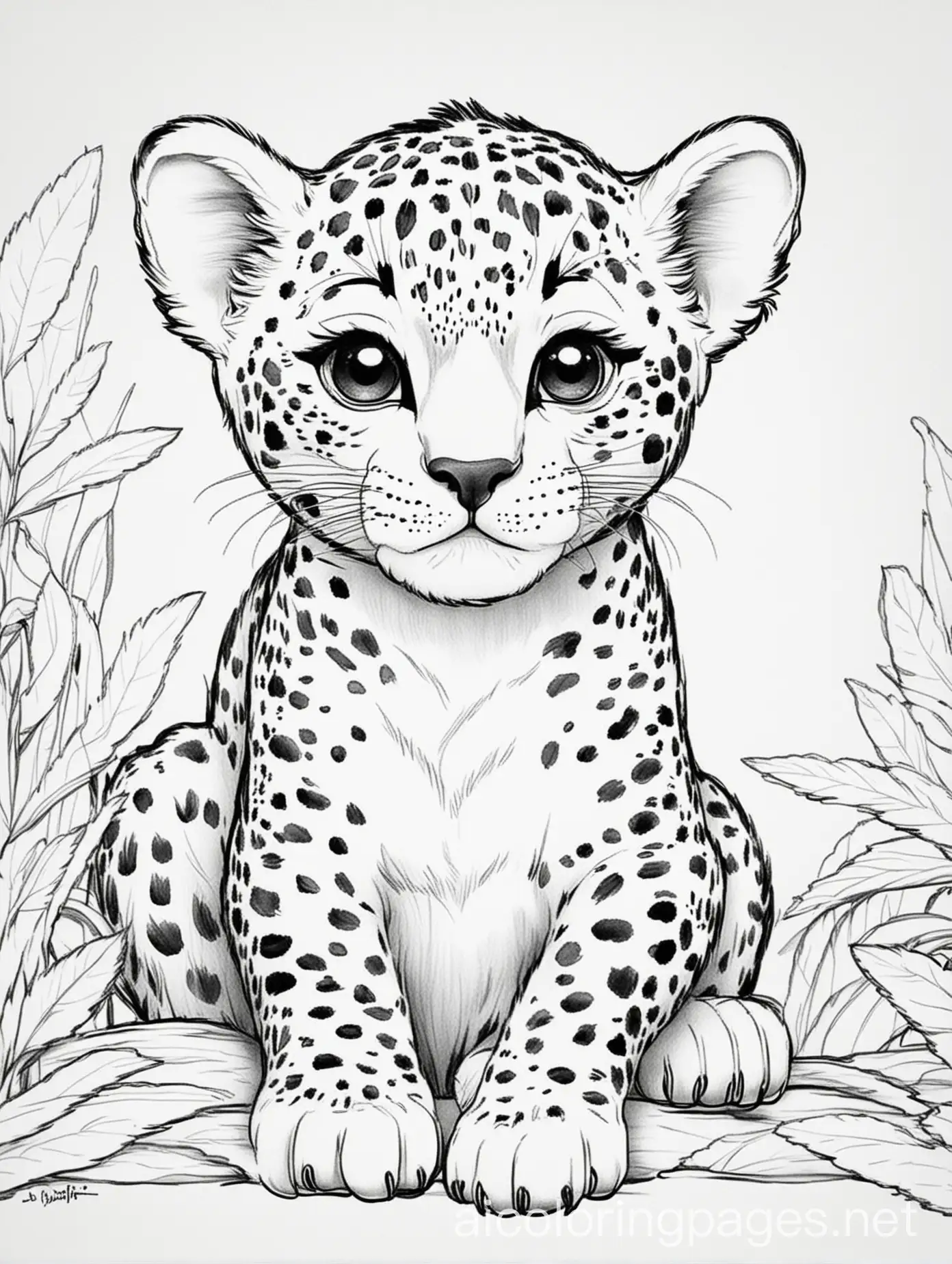 baby jaguar, Coloring Page, black and white, line art, white background, Simplicity, Ample White Space. The background of the coloring page is plain white to make it easy for young children to color within the lines. The outlines of all the subjects are easy to distinguish, making it simple for kids to color without too much difficulty