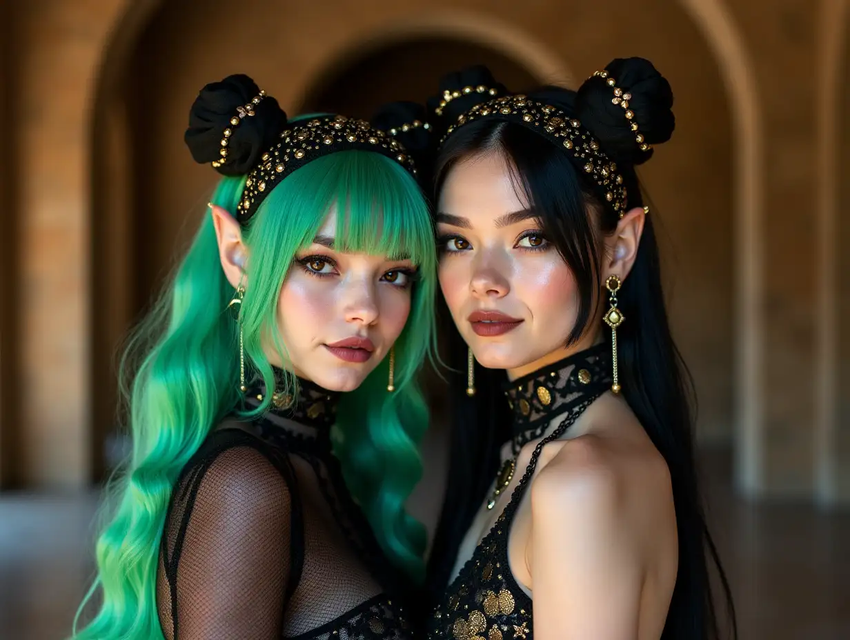 Two young black and white patternnGirls with Alien face,withngreen hair, with a slightnsmile on their faces,highlightingntheir smile, modern retronjewelry,in a temple with much goldndifferent shades 4k