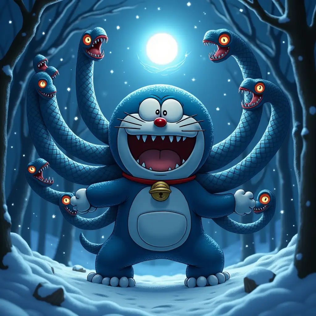 In a snowy forest at night, a terrifying 3D cartoon version of Doraemon appears, towering with a hulking figure. Its body is covered in shimmering scales that glisten in the moonlight. The most striking feature is its eight snake-like arms, writhing and slithering independently, each adorned with sharp fangs and glowing eyes.nThe monster's face is grotesquely cartoonish, with a wide, jagged mouth and menacing glowing eyes that instill fear. A swirling magic star circles around it, casting an eerie yet enchanting light, creating a chilling atmosphere that blends terror and wonder.