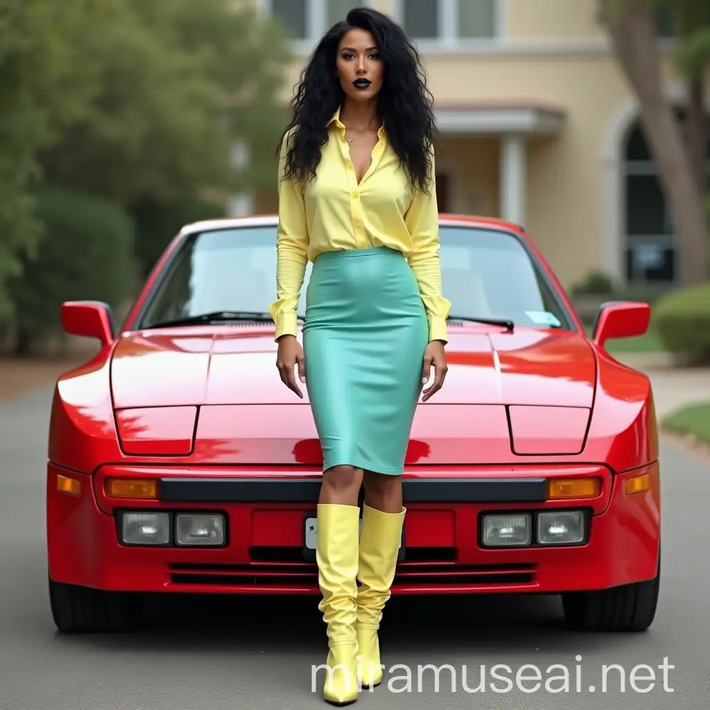 Fashionable Woman in Neon Outfit Beside Vintage Porsche