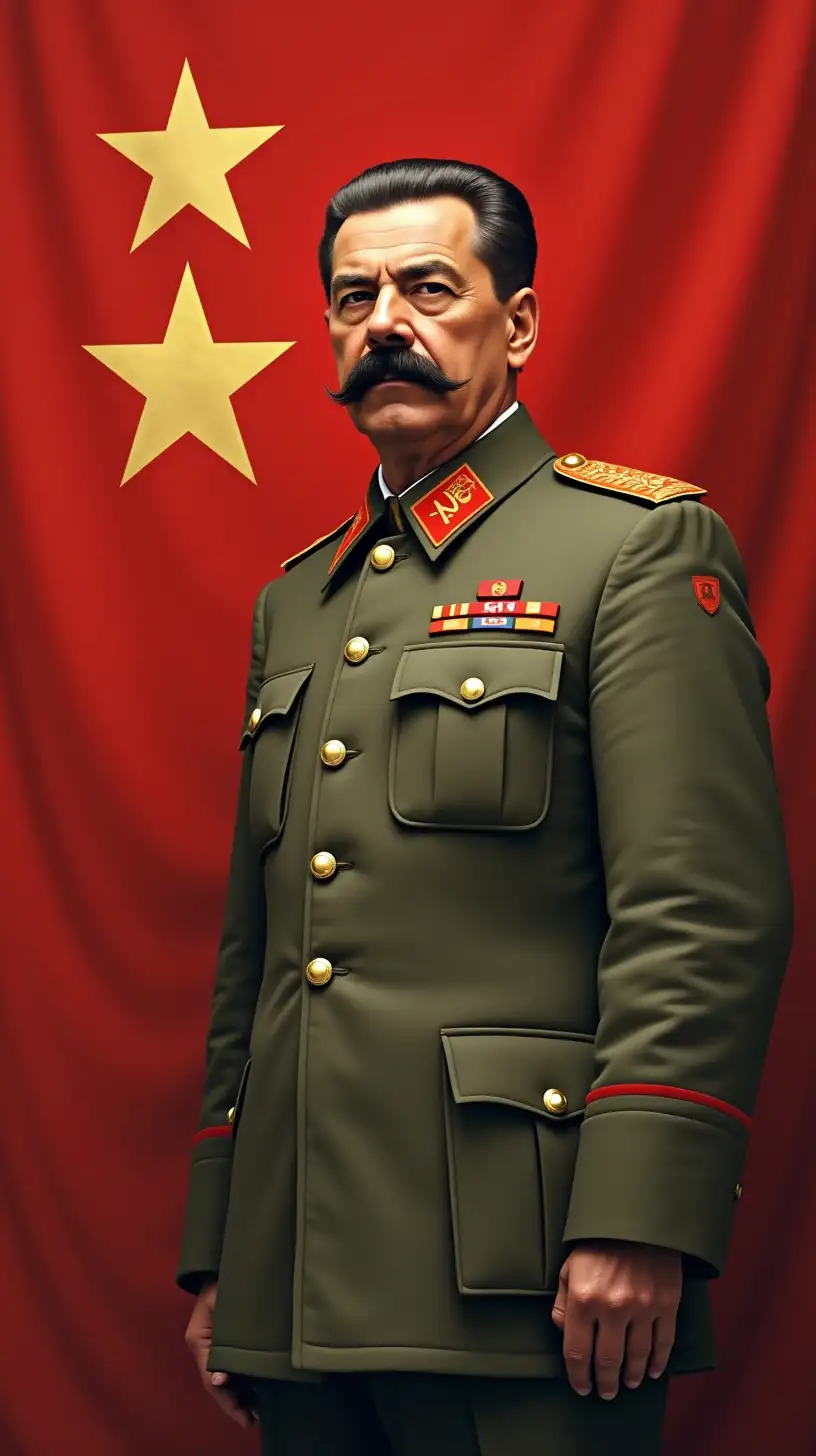 Joseph Stalin in Military Uniform Against a Soviet Flag