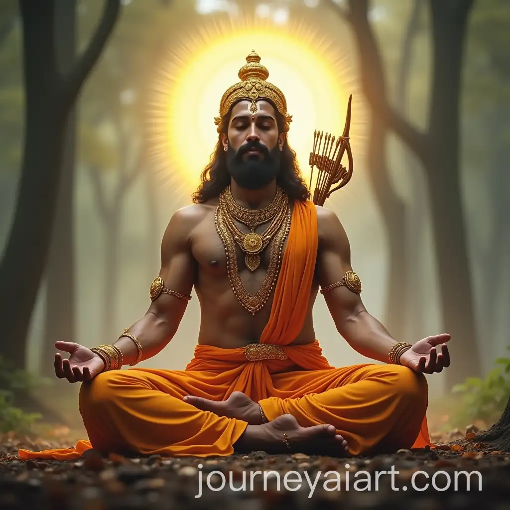 Lord-Ram-in-Virasana-Pose-with-Golden-Halo-and-Serene-Aura-in-a-Misty-Forest