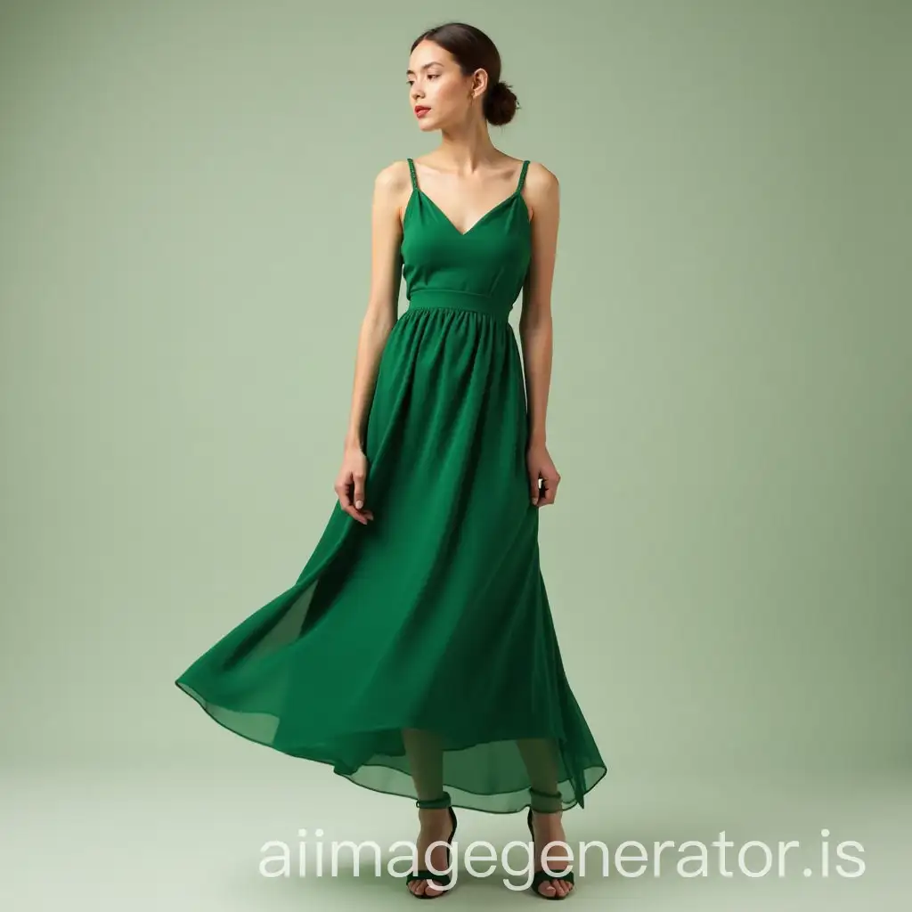 model wears a green dress without straps and shoes