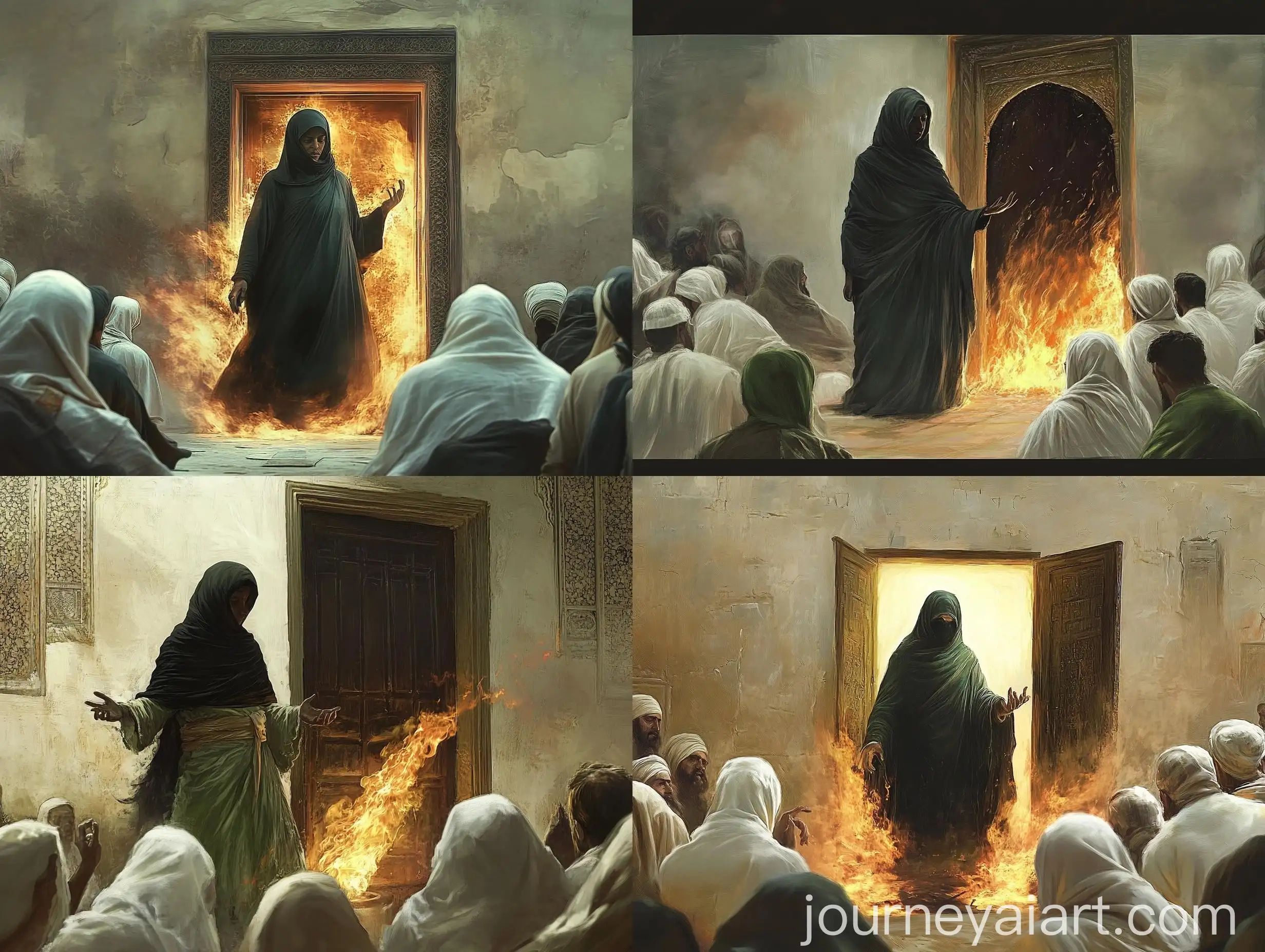 Woman-in-Black-Burka-Standing-in-Doorway-with-Open-Door-on-Fire