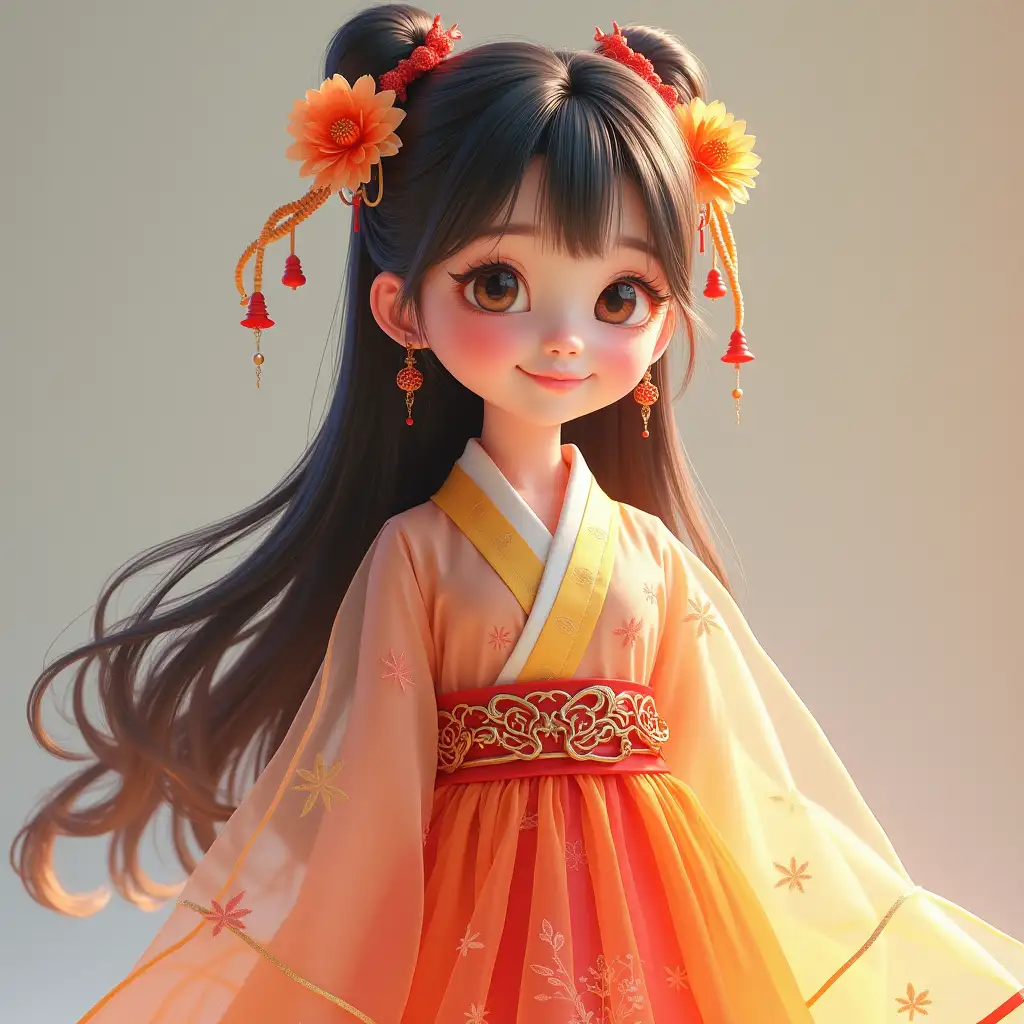 A cute Korean girl in a colourful, see-through fusion hanbok that looks like something out of a video game costume.hairstyle with gold colored long waves. Pixar style.