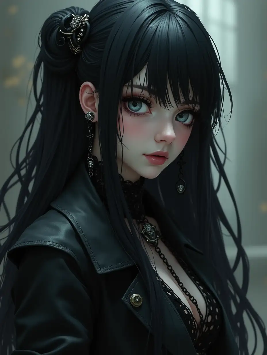 Brutal anime splatterpunk woman, gothic, black hair, portrait, Victorian, trench, black leather gloves without nails, grey eyes, long hair, poster portrait, gothic, intricate composition, artistic anime picture, volumetric light, sideways, atmospheric, from above light angle, masterpiece, dynamic angle, by Antonio J. Manzanedo