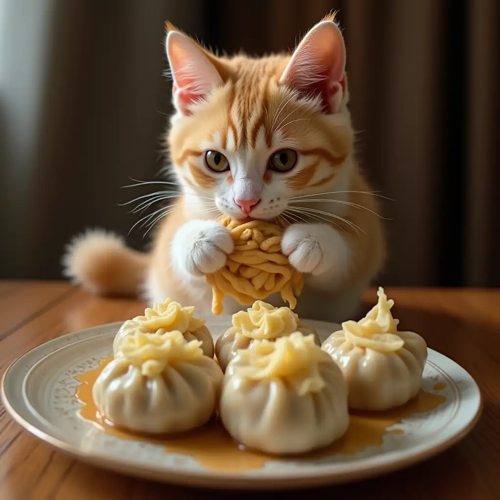 a cat is wrapping dumplings