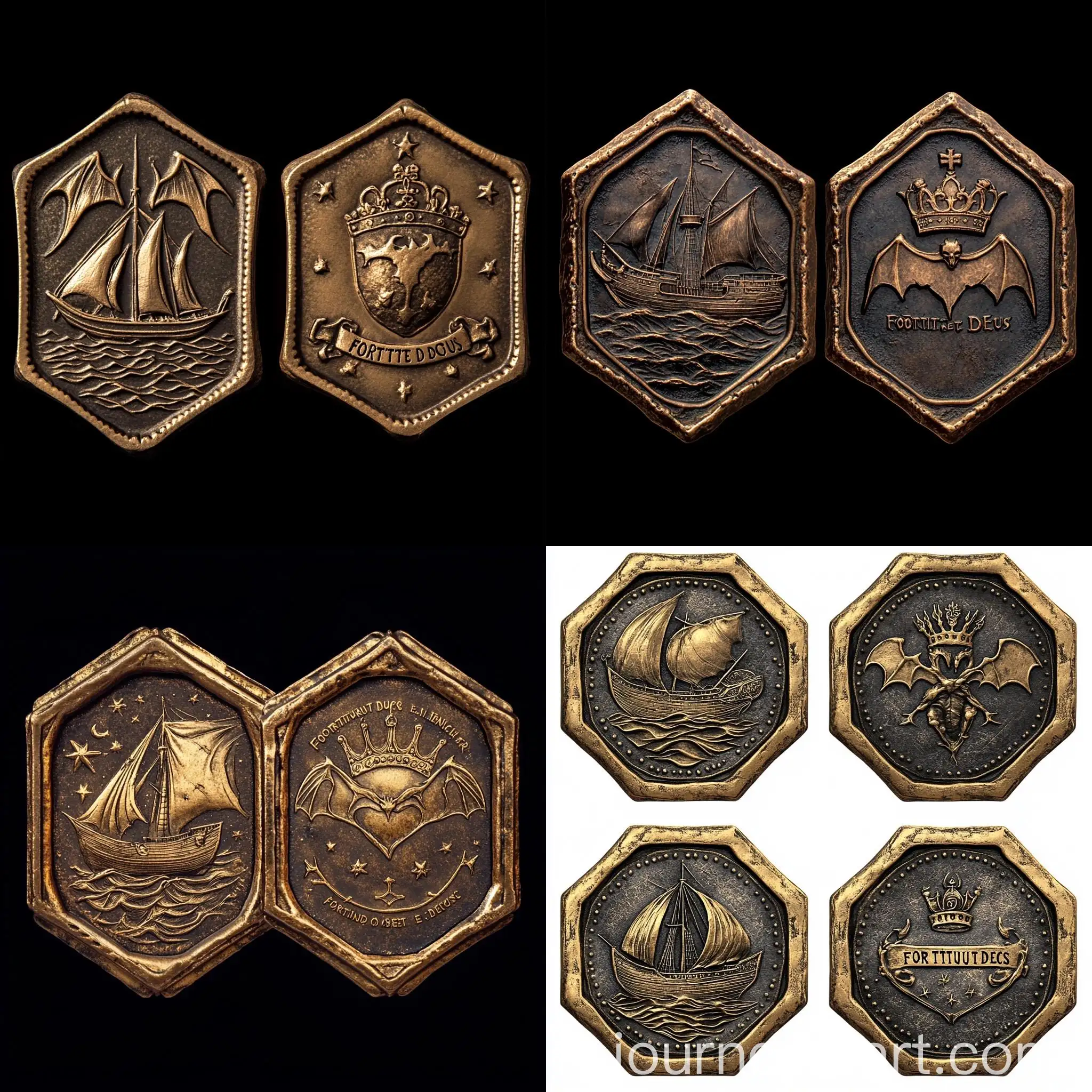 Medieval-Gothic-Fantasy-Golden-Coins-with-Ship-and-Vampiric-Crown-Design