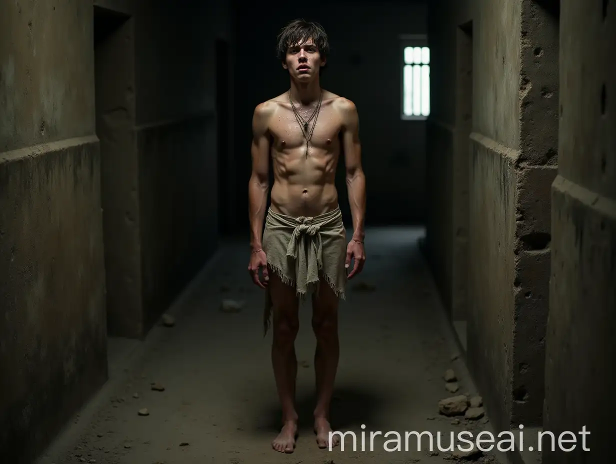 Vulnerable Young Man in an Ancient Prison Cell