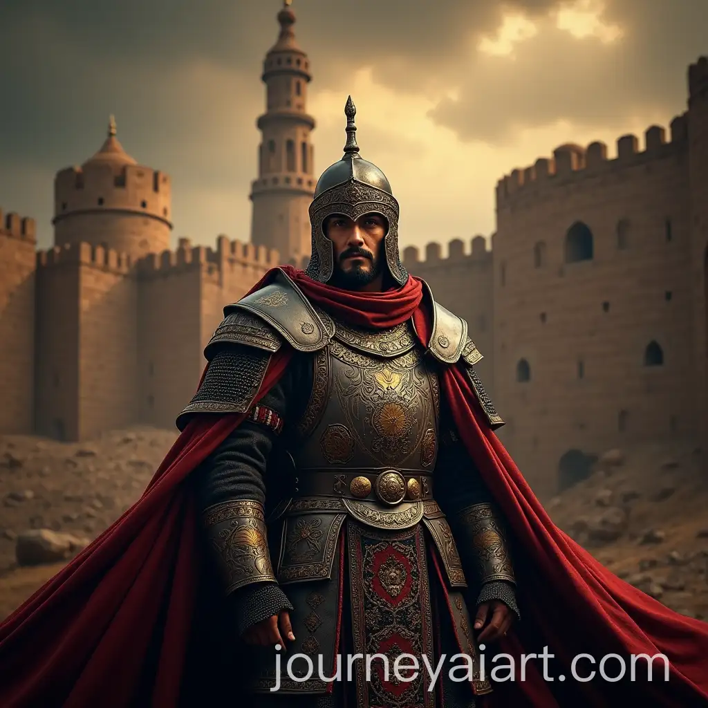 Central-AsianAI-Art-Prompt-Expansion-Warrior-King-Standing-Proudly-in-Front-of-Majestic-Fortress