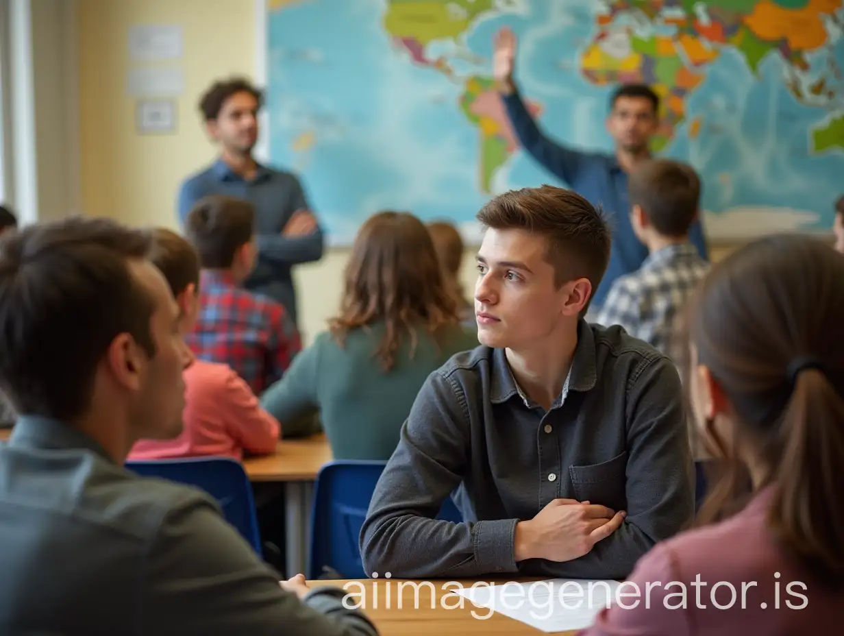 Secondary-School-Students-Engaged-in-Thoughtful-Discussion-with-One-Student-Raising-Hand-to-Answer