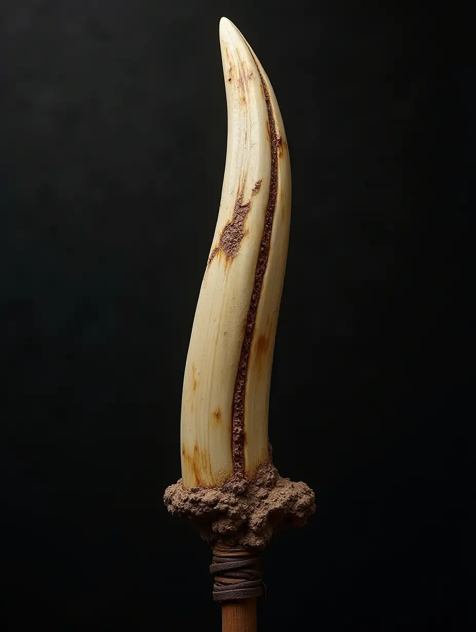 NEANDERTHAL STYLE, Hyperrealistic art of MONSTER FANG covered in (((A sharpened bone spearhead))), leather stripes, Extremely high-resolution details, photographic, realism pushed to extreme, fine texture, incredibly lifelike