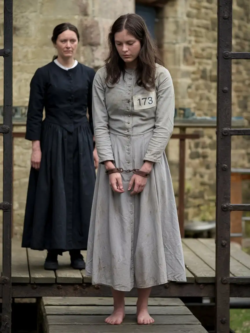 Young Woman in Prison Yard with Prison Guard 1700s England