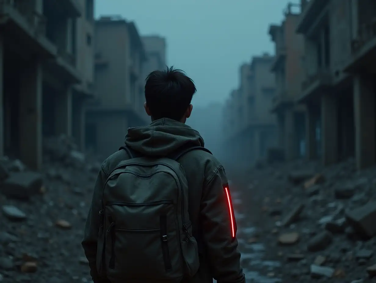 A survivor in a canvas camouflage and a backpack is making his way through heavily destroyed ruins of a night city. There's a red reflective band on the survivor's sleeve, reflecting a glimmer of light.